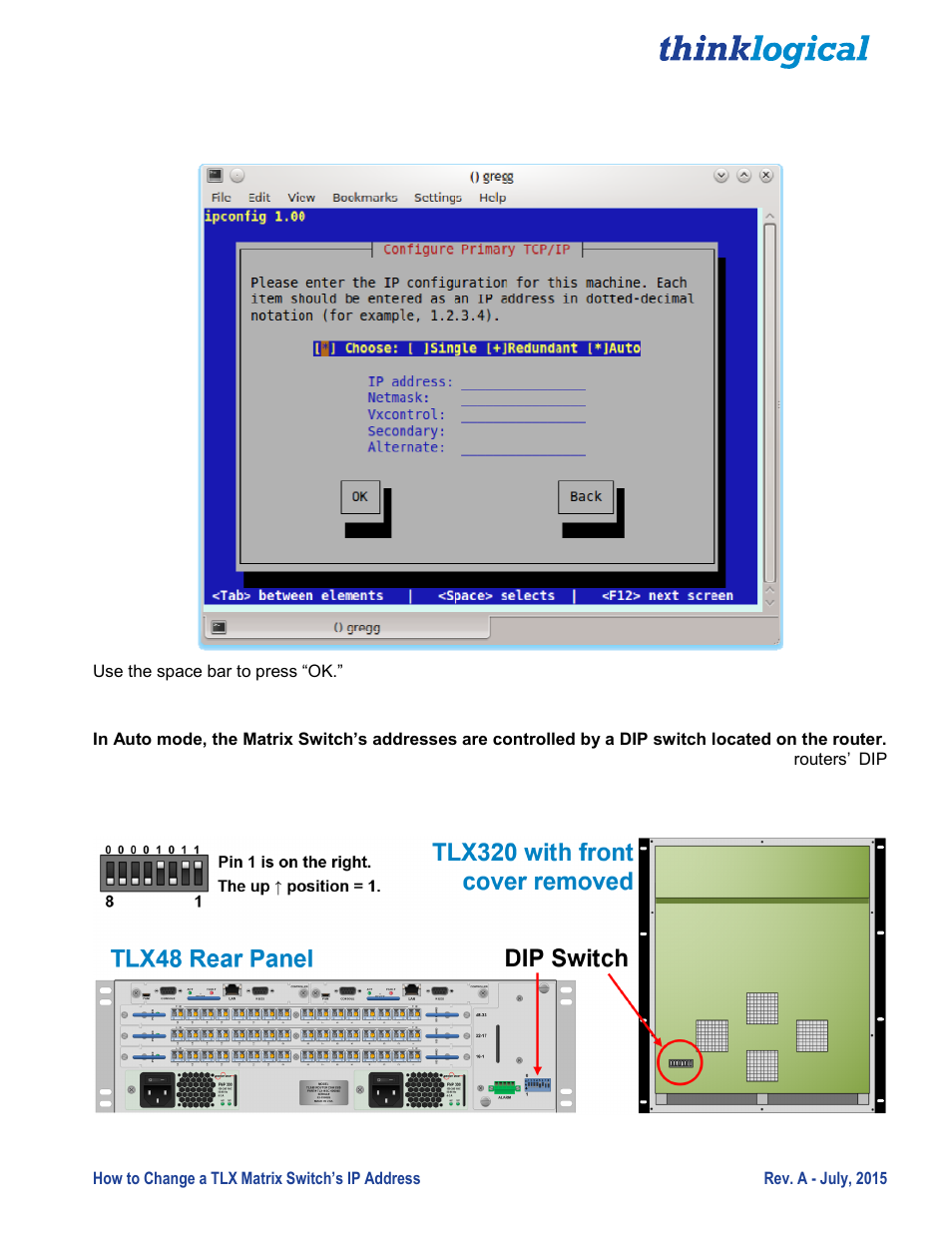 Dip switch locations | Thinklogical Change A TLX Matrix Switch's IP Address User Manual | Page 9 / 16