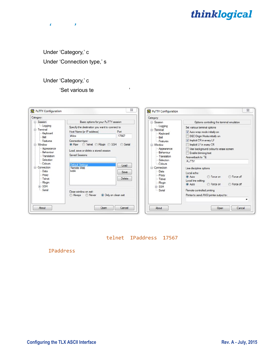 Using ‘putty’ to communicate to the api | Thinklogical Configuring the TLX ASCII Interface User Manual | Page 10 / 18