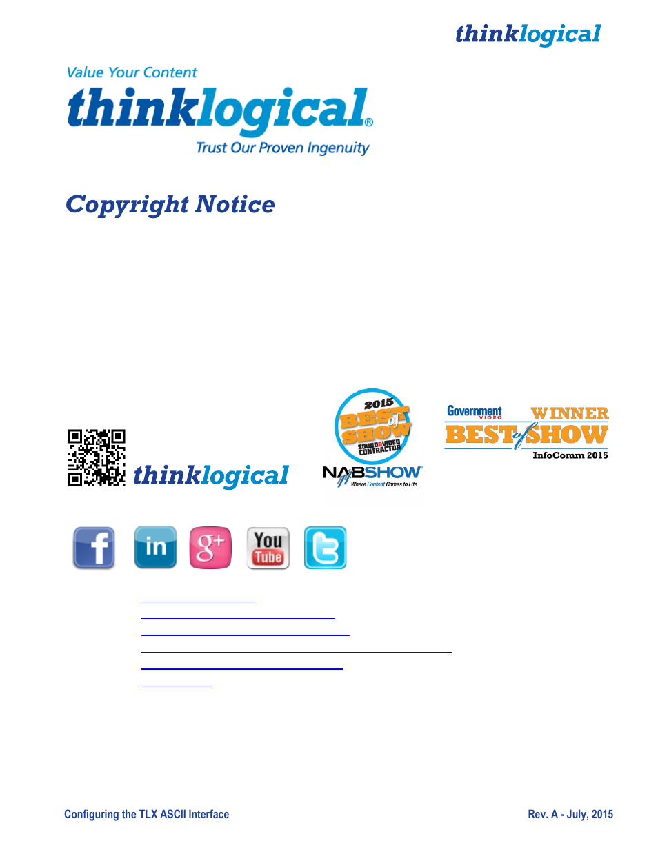 Copyright notice | Thinklogical Configuring the TLX ASCII Interface User Manual | Page 2 / 18