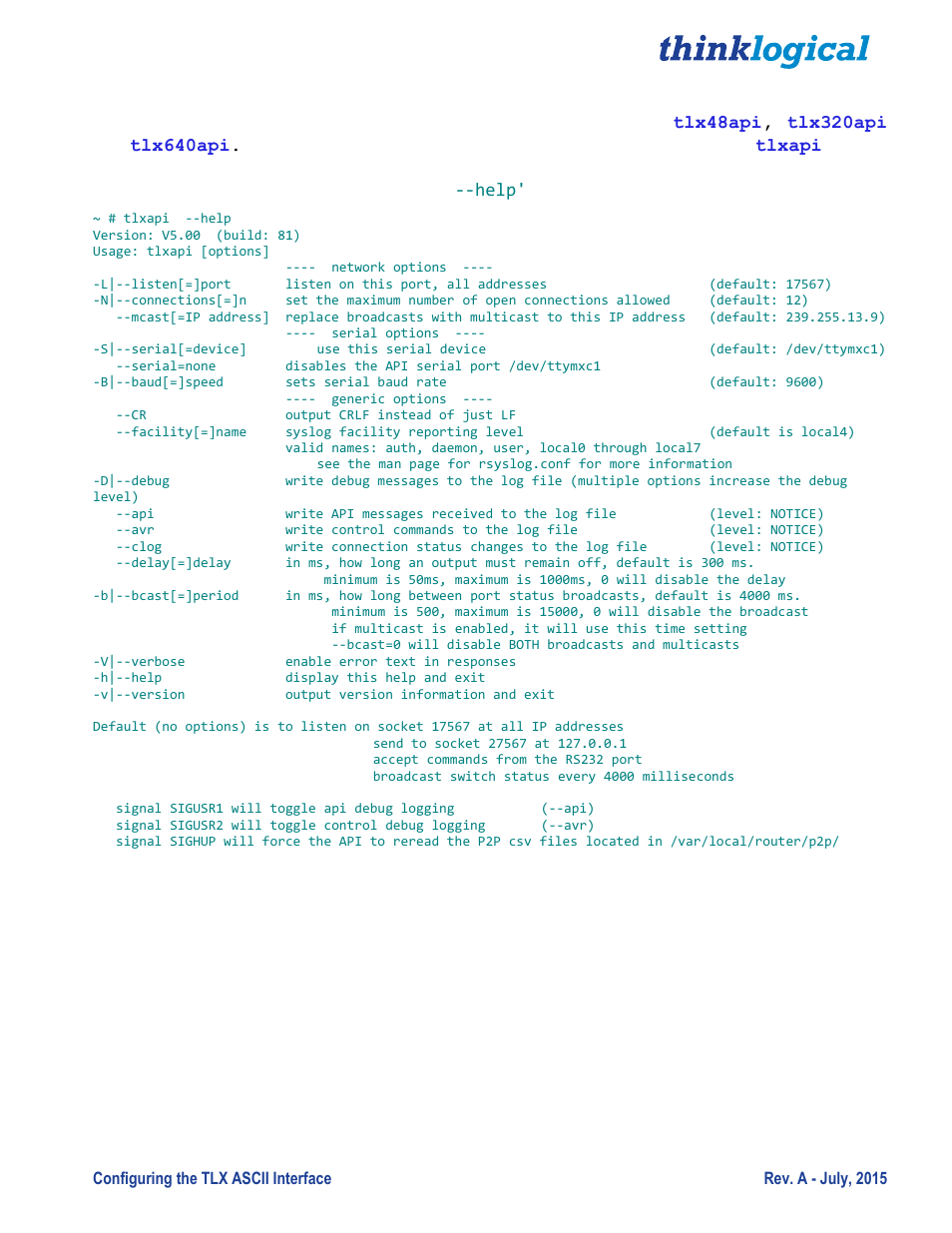 Api command line options | Thinklogical Configuring the TLX ASCII Interface User Manual | Page 7 / 18