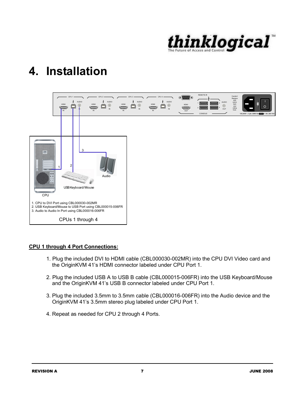 Installation, Cpus 1 through 4 | Thinklogical OriginKVM 41 Manual User Manual | Page 11 / 18