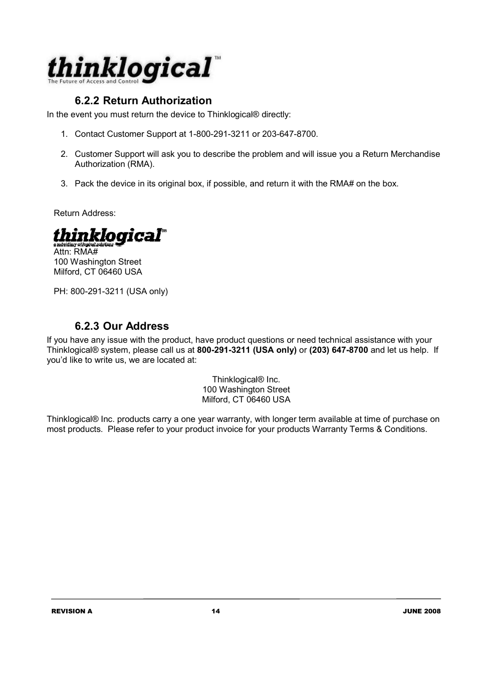 2 return authorization, 3 our address | Thinklogical OriginKVM 41 Manual User Manual | Page 18 / 18