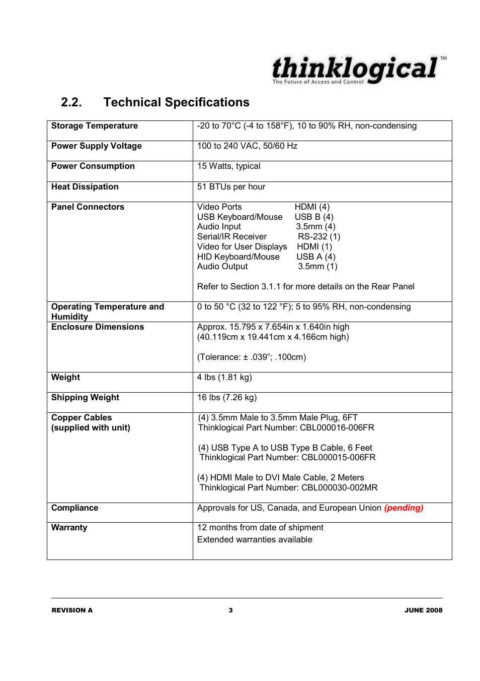 Technical specifications | Thinklogical OriginKVM 41 Manual User Manual | Page 7 / 18