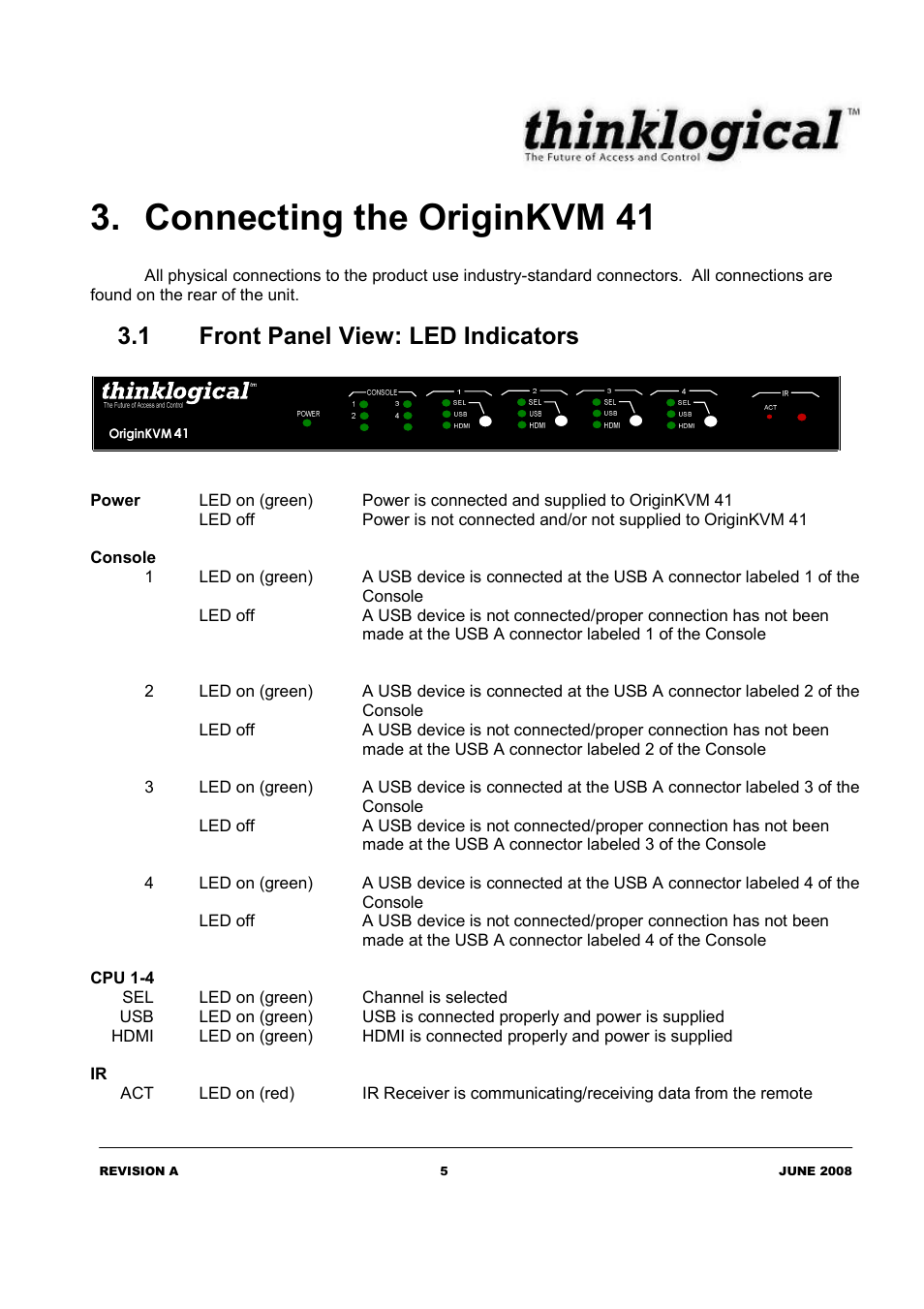 Connecting the originkvm 41, 1 front panel view: led indicators | Thinklogical OriginKVM 41 Manual User Manual | Page 9 / 18