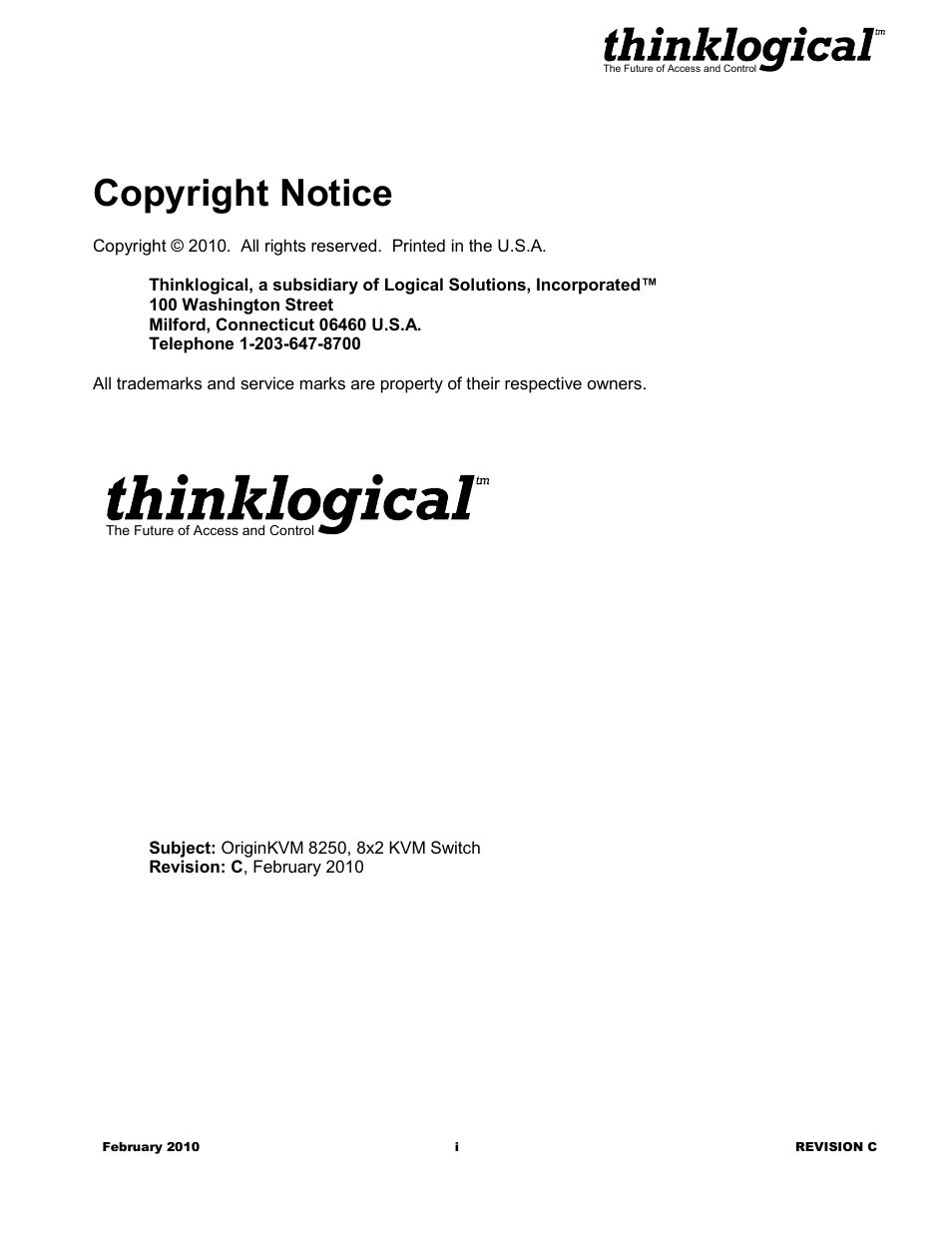 Copyright notice | Thinklogical OriginKVM 8250 Manual User Manual | Page 3 / 21