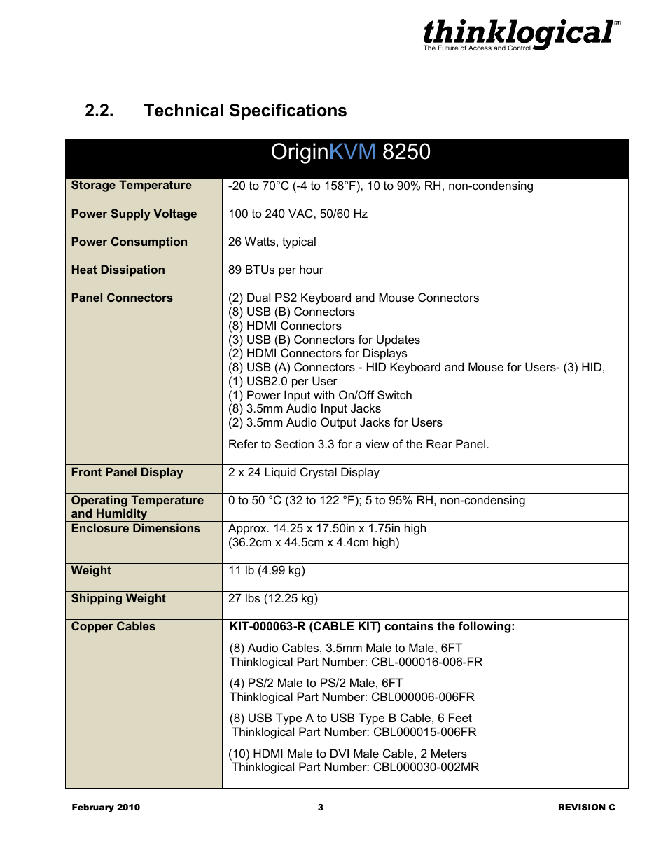 Technical specifications, Origin kvm 8250 | Thinklogical OriginKVM 8250 Manual User Manual | Page 7 / 21