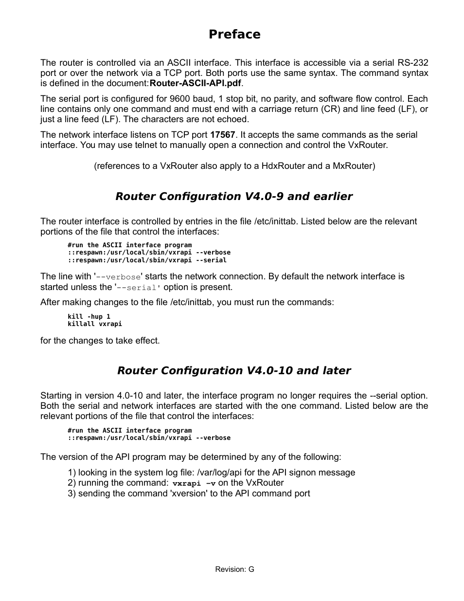 Preface, Router configuration v4.0-9 and earlier, Router configuration v4.0-10 and later | Thinklogical Router - Configuring the ASCII Interface User Manual | Page 2 / 9