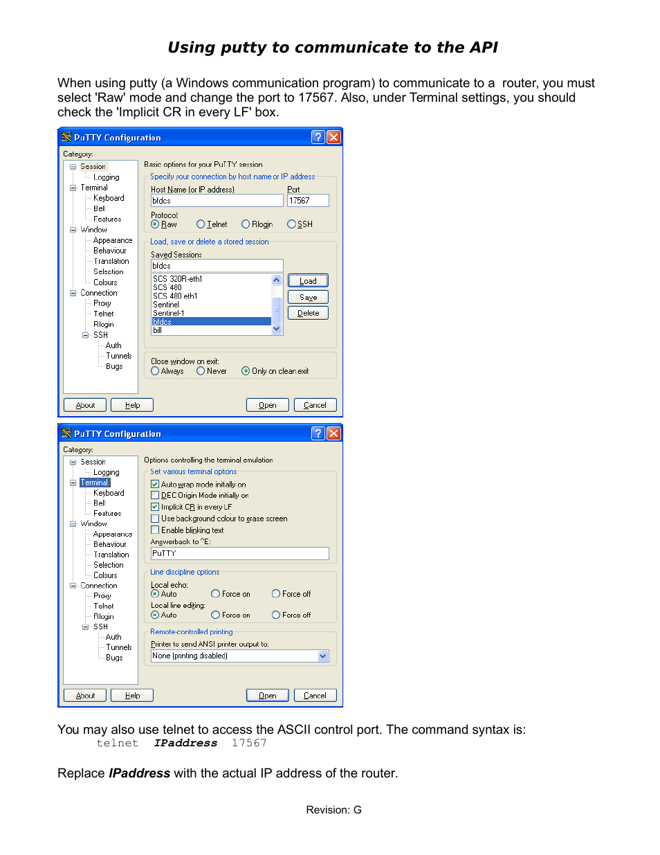 Using putty to communicate to the api | Thinklogical Router - Configuring the ASCII Interface User Manual | Page 5 / 9