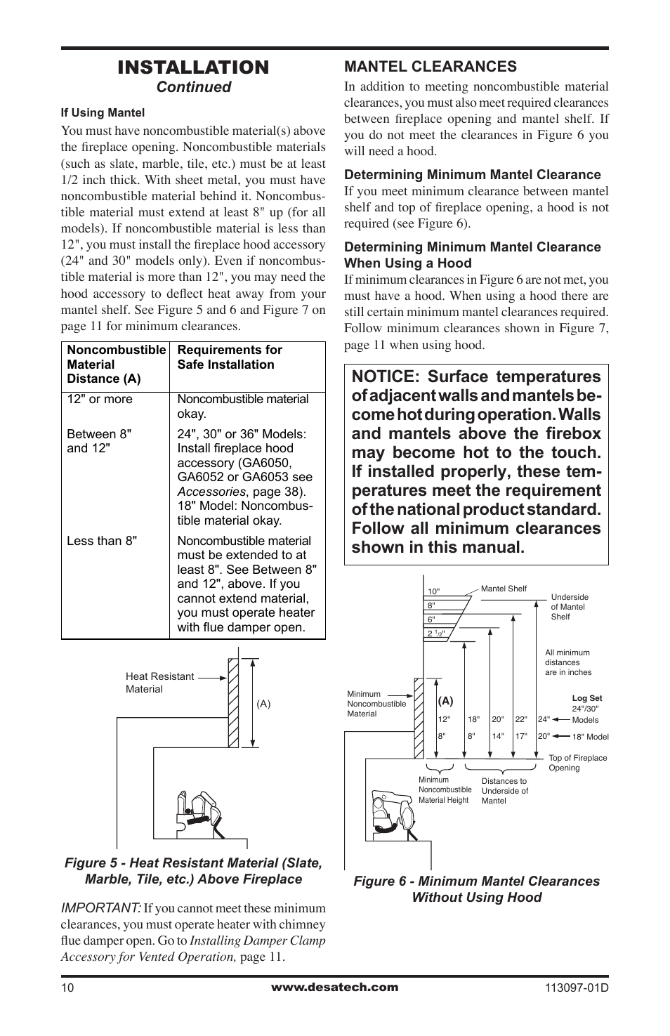 Installation, Mantel clearances, Continued | Desa Tech CCL3018PTA/NTA User Manual | Page 10 / 40
