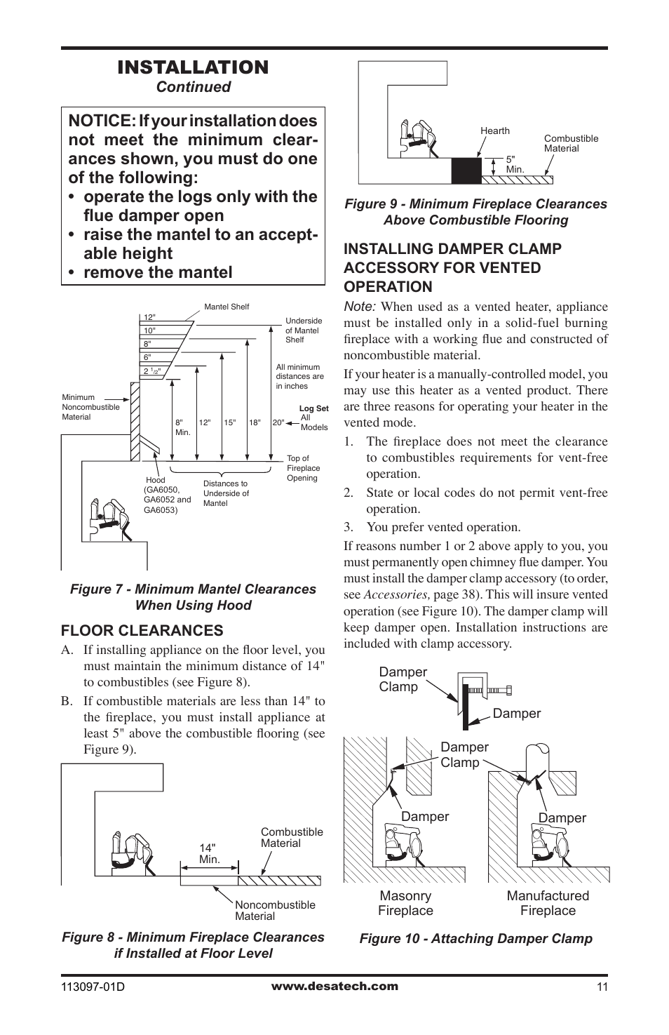 Installation, Continued, Floor clearances | Desa Tech CCL3018PTA/NTA User Manual | Page 11 / 40