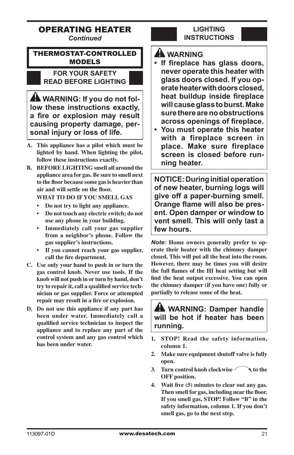Operating heater | Desa Tech CCL3018PTA/NTA User Manual | Page 21 / 40