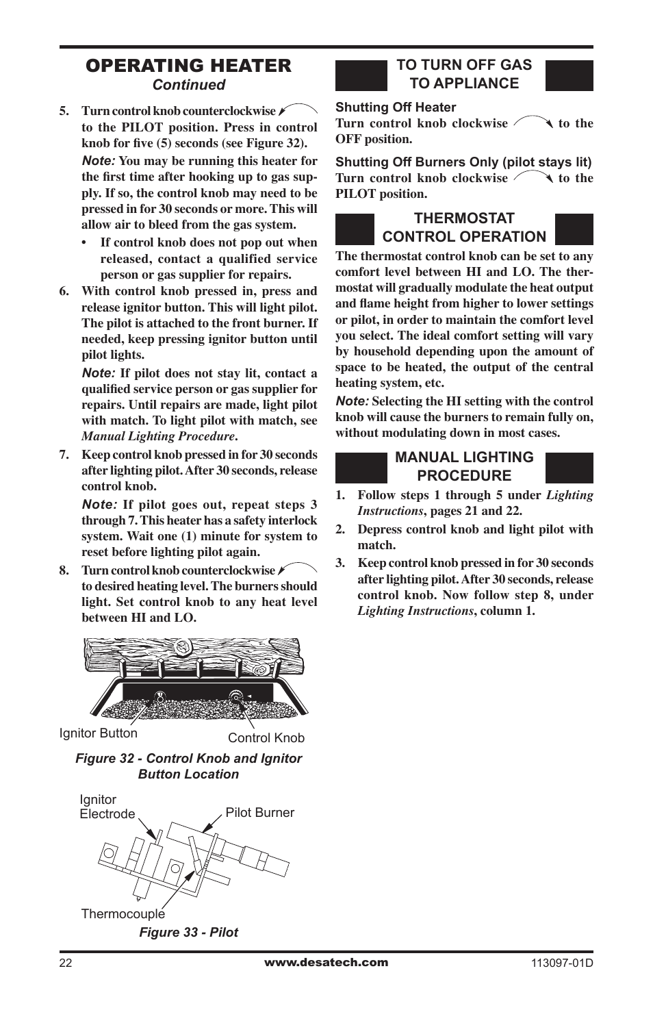 Operating heater | Desa Tech CCL3018PTA/NTA User Manual | Page 22 / 40