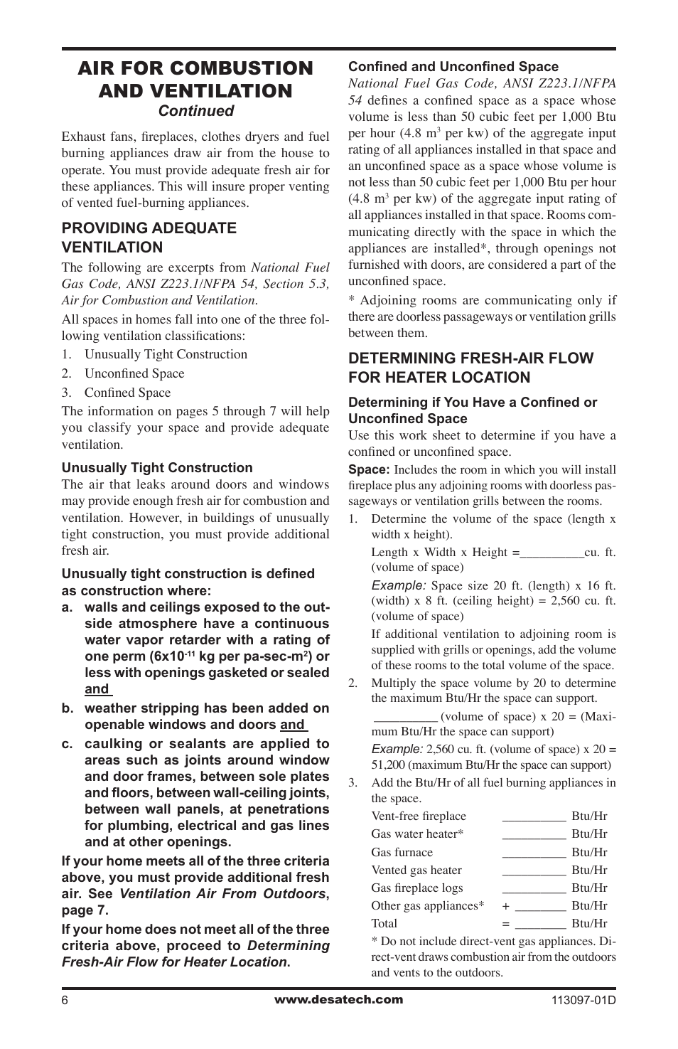 Air for combustion and ventilation | Desa Tech CCL3018PTA/NTA User Manual | Page 6 / 40