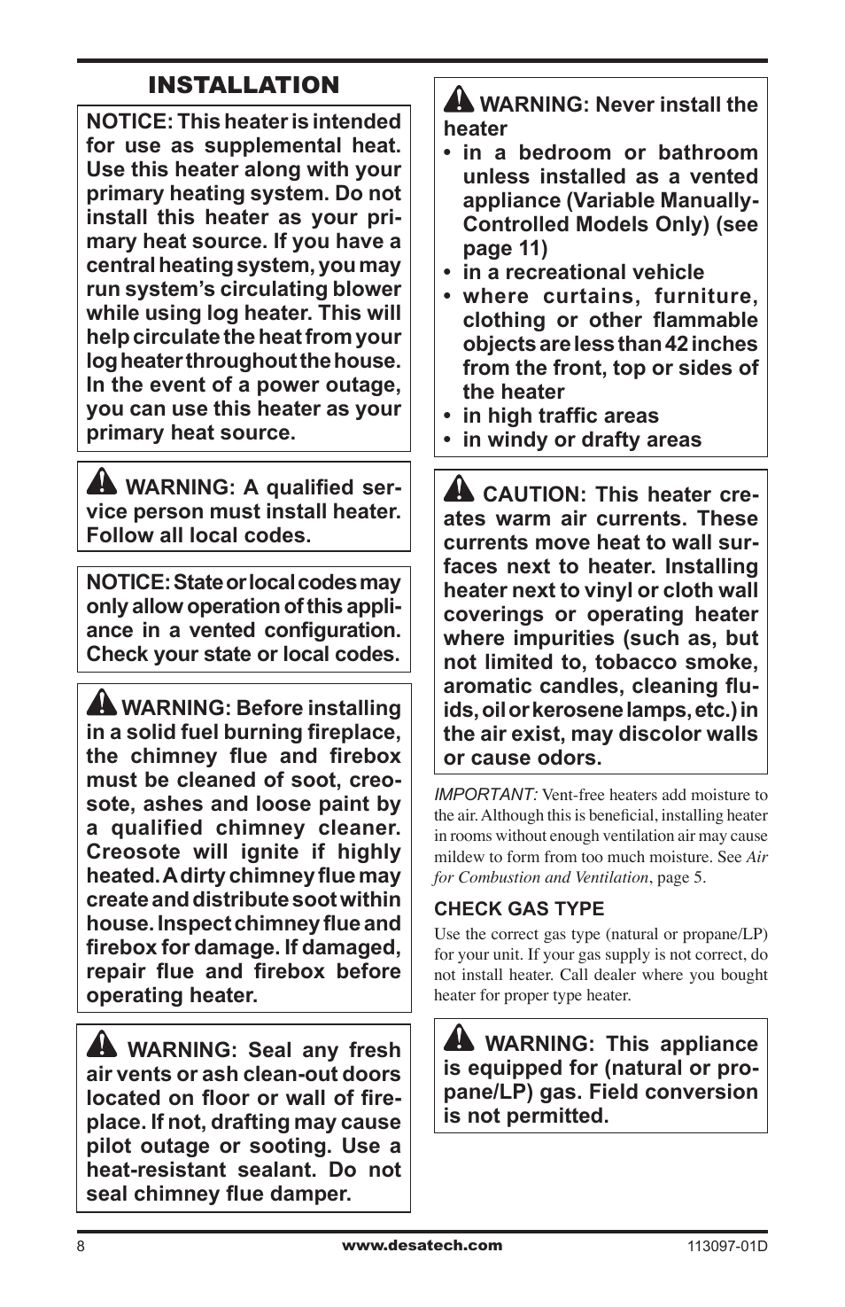 Installation | Desa Tech CCL3018PTA/NTA User Manual | Page 8 / 40