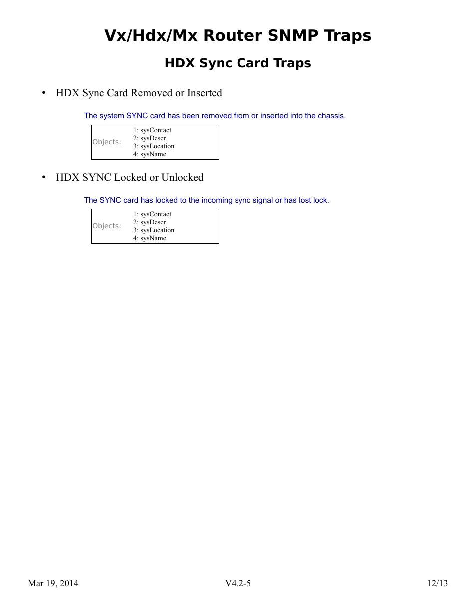 Hdx sync card traps, Vx/hdx/mx router snmp traps | Thinklogical Router SNMP Traps User Manual | Page 13 / 14