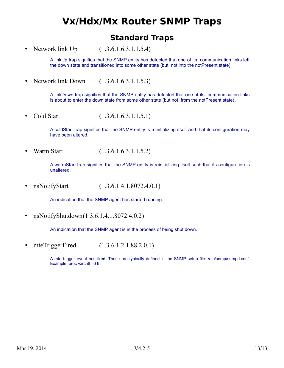 Standard traps, Vx/hdx/mx router snmp traps | Thinklogical Router SNMP Traps User Manual | Page 14 / 14