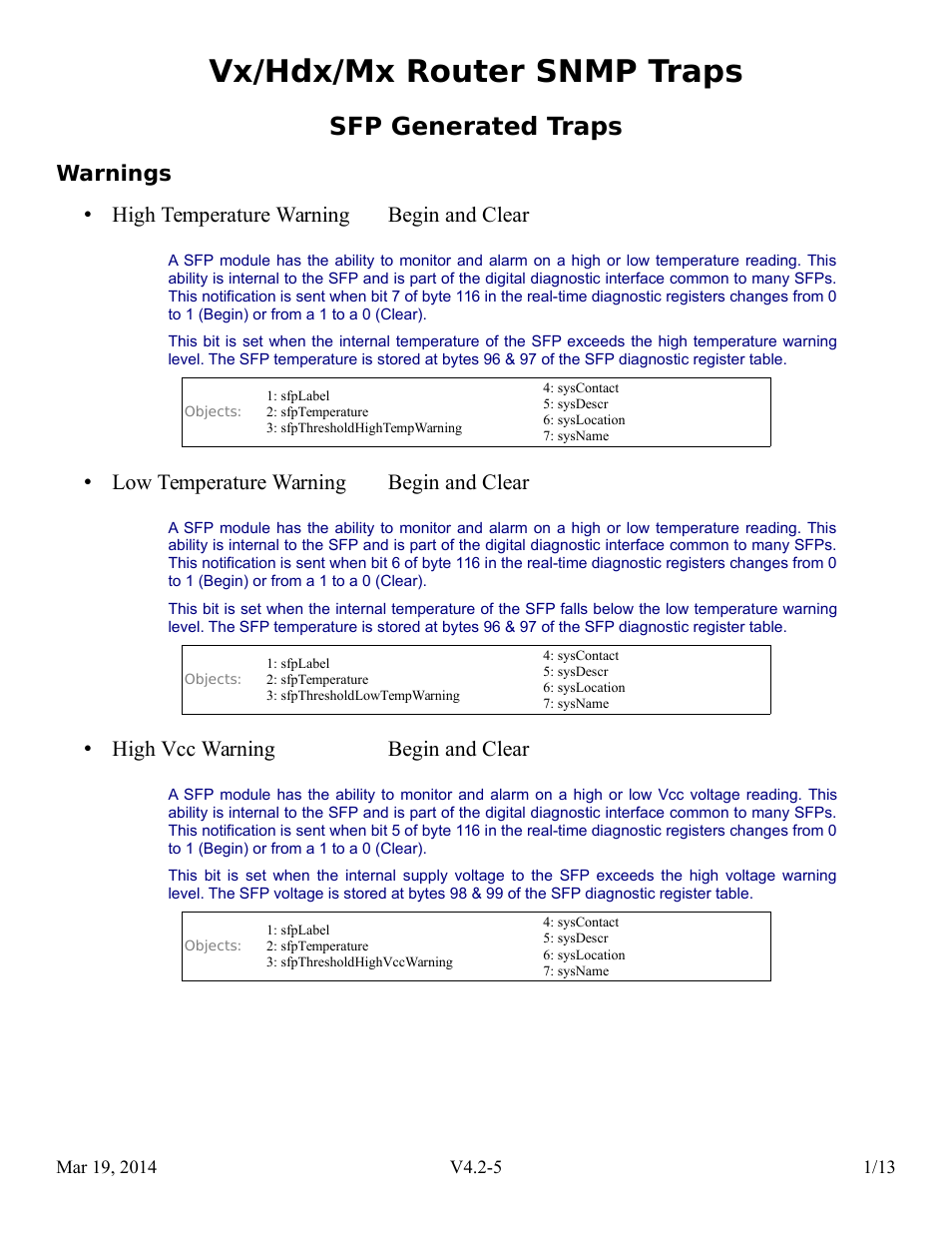 Sfp generated traps, Warnings, Vx/hdx/mx router snmp traps | Thinklogical Router SNMP Traps User Manual | Page 2 / 14
