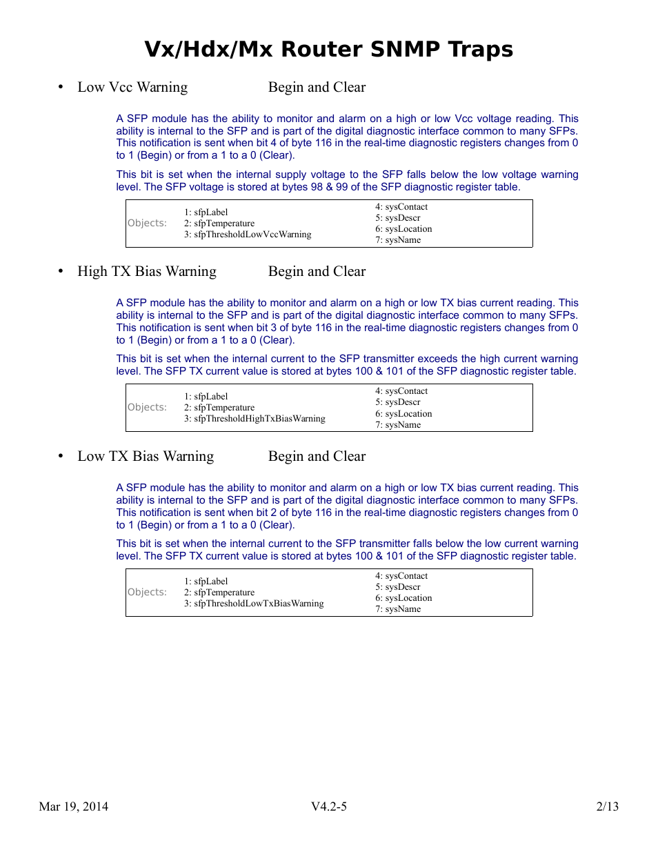 Vx/hdx/mx router snmp traps, Low vcc warning begin and clear, High tx bias warning begin and clear | Low tx bias warning begin and clear | Thinklogical Router SNMP Traps User Manual | Page 3 / 14