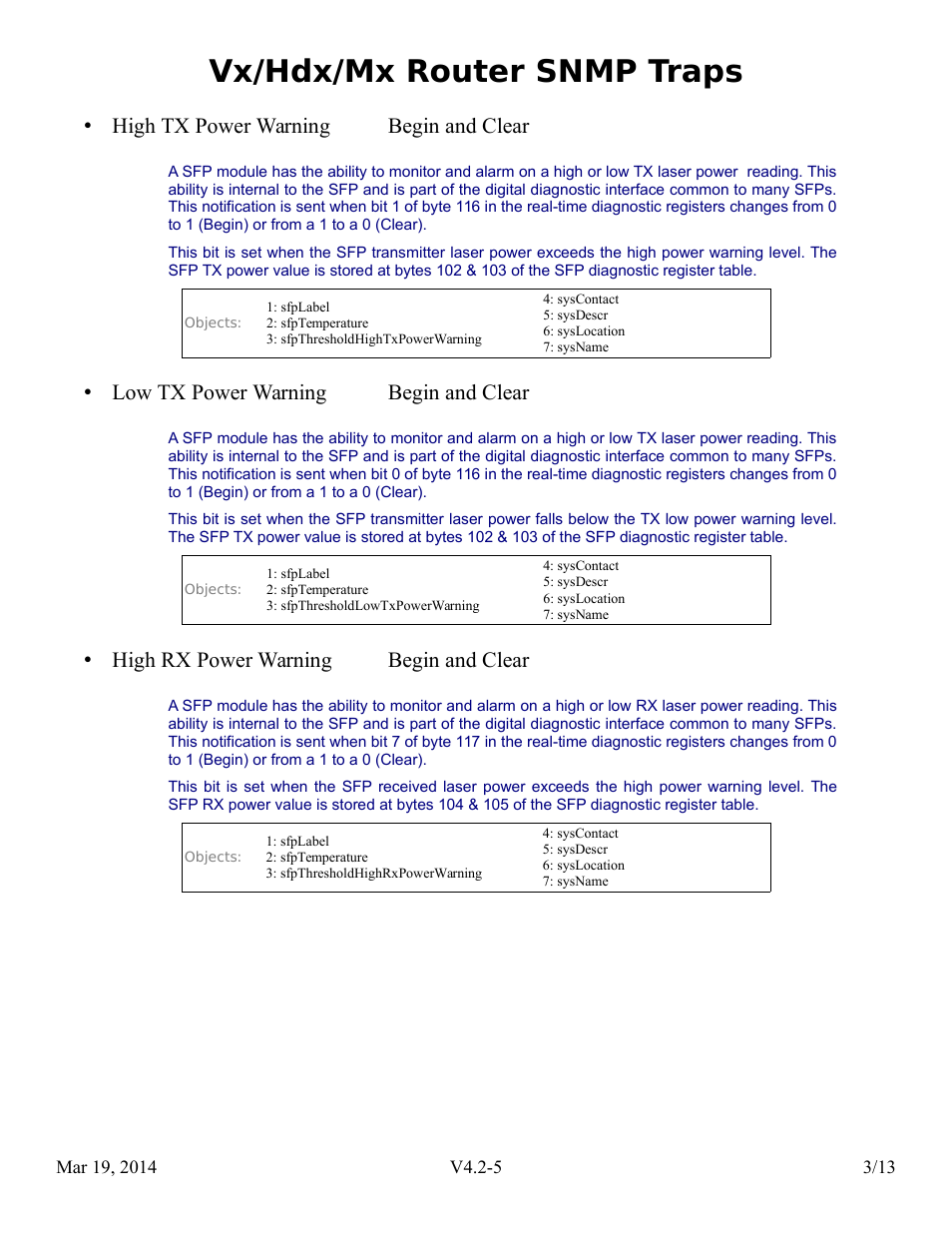 Vx/hdx/mx router snmp traps, High tx power warning begin and clear, Low tx power warning begin and clear | High rx power warning begin and clear | Thinklogical Router SNMP Traps User Manual | Page 4 / 14