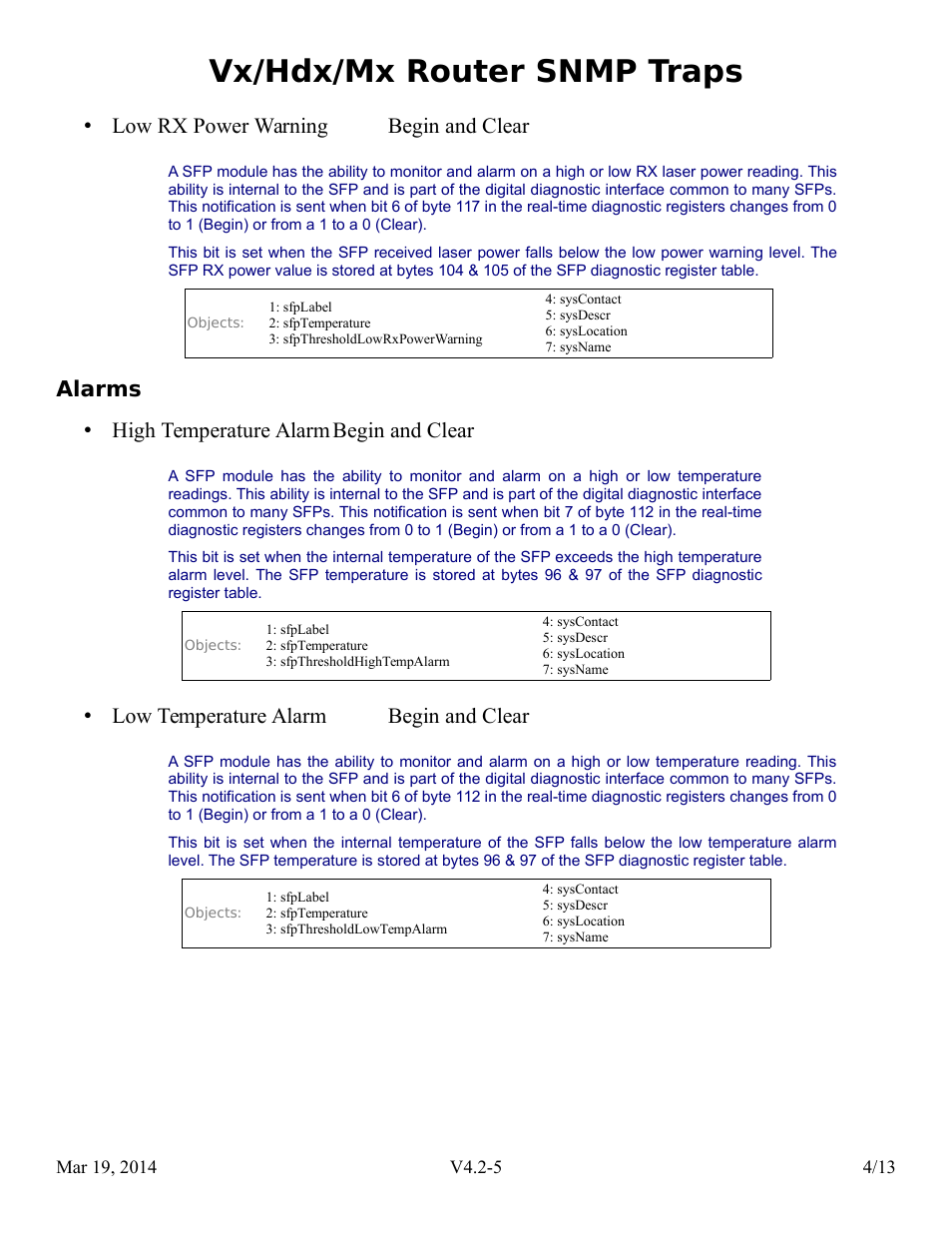 Alarms, Vx/hdx/mx router snmp traps, Low rx power warning begin and clear | Alarms • high temperature alarm begin and clear, Low temperature alarm begin and clear | Thinklogical Router SNMP Traps User Manual | Page 5 / 14