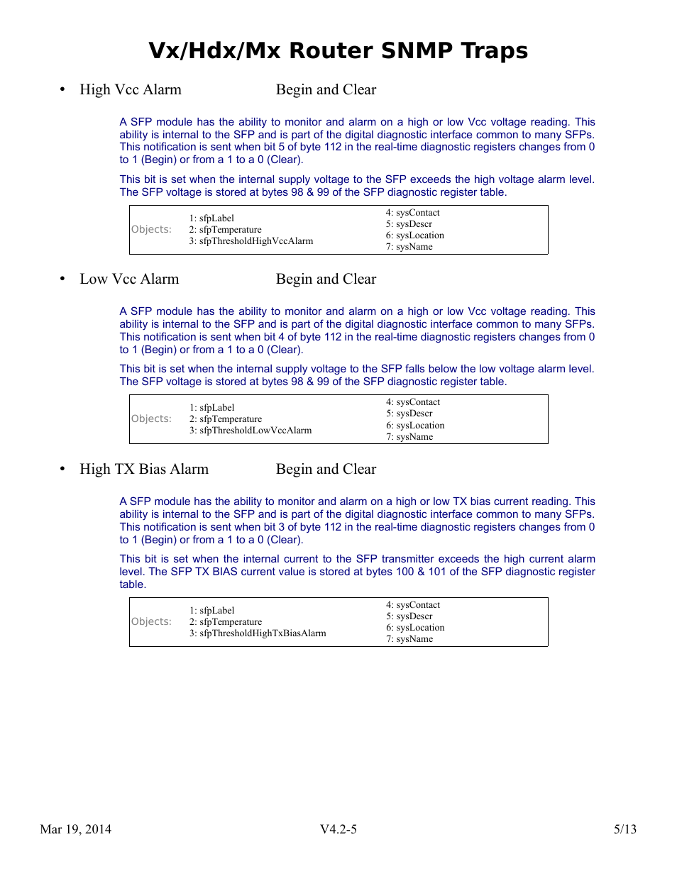 Vx/hdx/mx router snmp traps, High vcc alarm begin and clear, Low vcc alarm begin and clear | High tx bias alarm begin and clear | Thinklogical Router SNMP Traps User Manual | Page 6 / 14