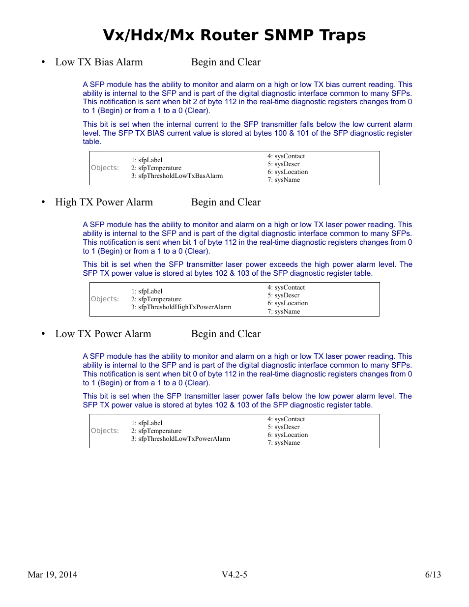 Vx/hdx/mx router snmp traps, Low tx bias alarm begin and clear, High tx power alarm begin and clear | Low tx power alarm begin and clear | Thinklogical Router SNMP Traps User Manual | Page 7 / 14