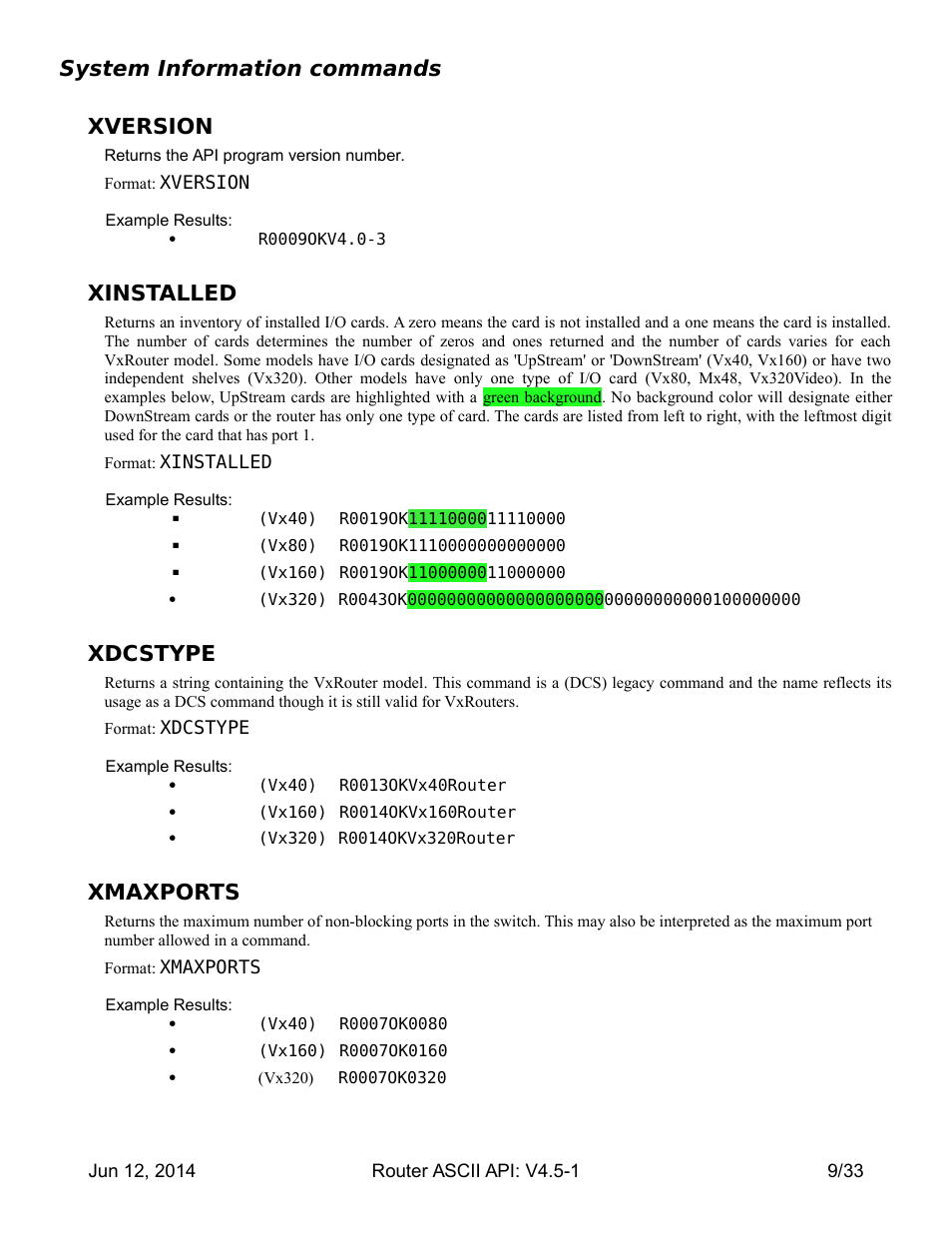 System information commands, Xversion, Xinstalled | Xdcstype, Xmaxports, System information commands xversion | Thinklogical Router - ASCII-API User Manual | Page 10 / 34