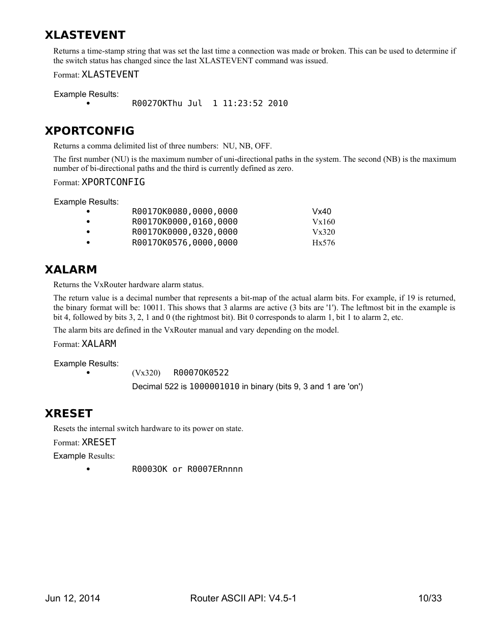 Xlastevent, Xportconfig, Xalarm | Xreset | Thinklogical Router - ASCII-API User Manual | Page 11 / 34