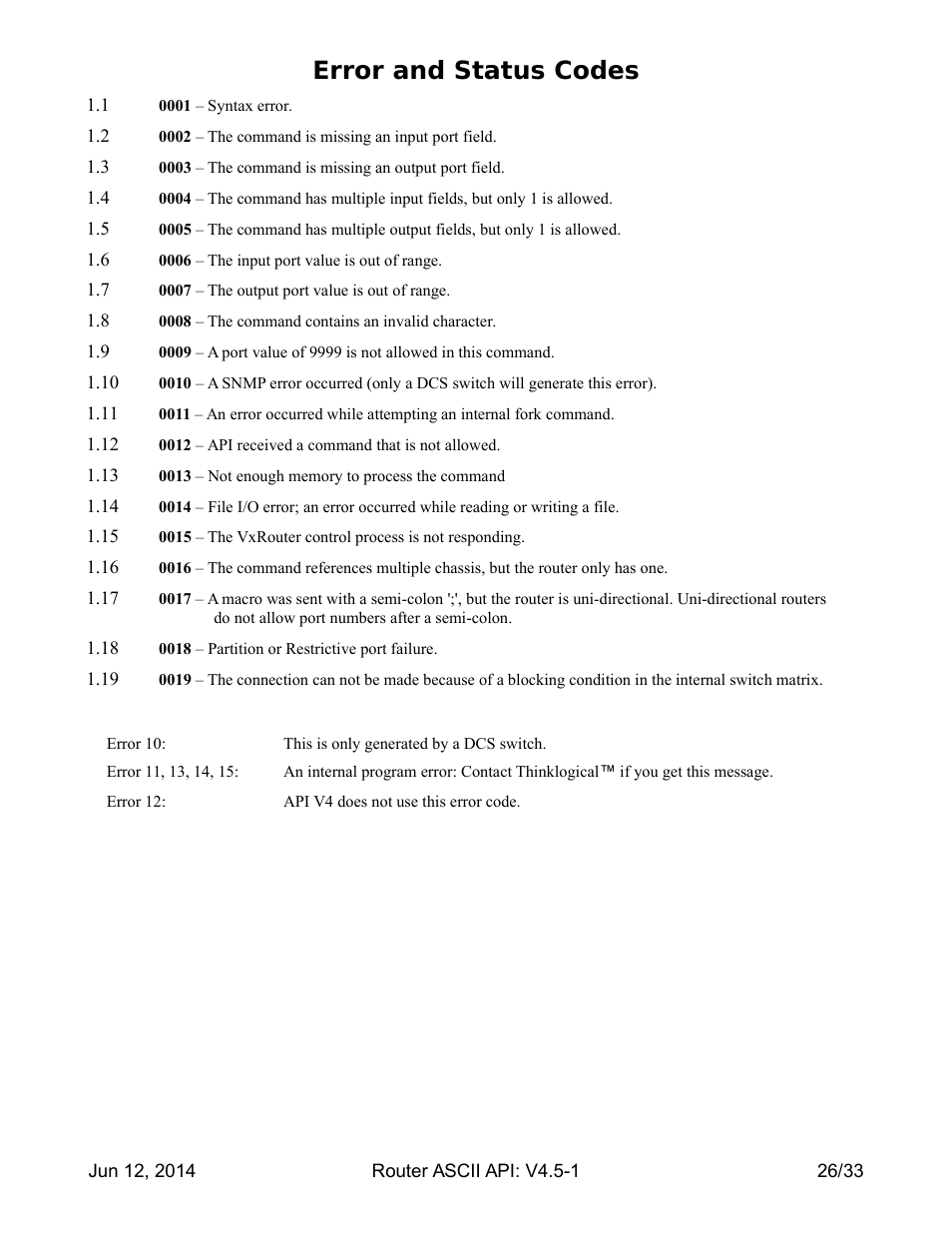 Error and status codes | Thinklogical Router - ASCII-API User Manual | Page 27 / 34