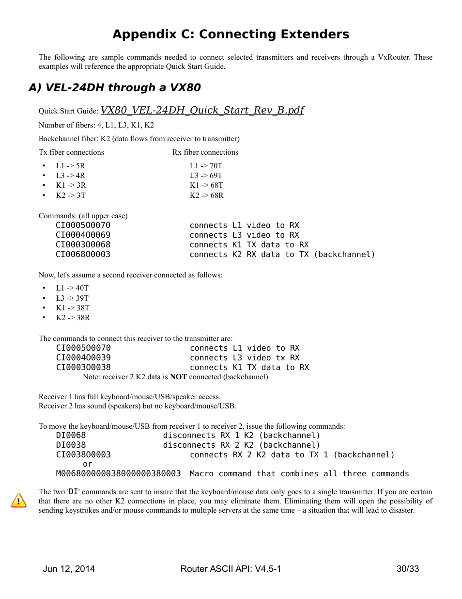 Appendix c: connecting extenders, A) vel-24dh through a vx80, Vx80_vel-24dh_quick_start_rev_b.pdf | Thinklogical Router - ASCII-API User Manual | Page 31 / 34