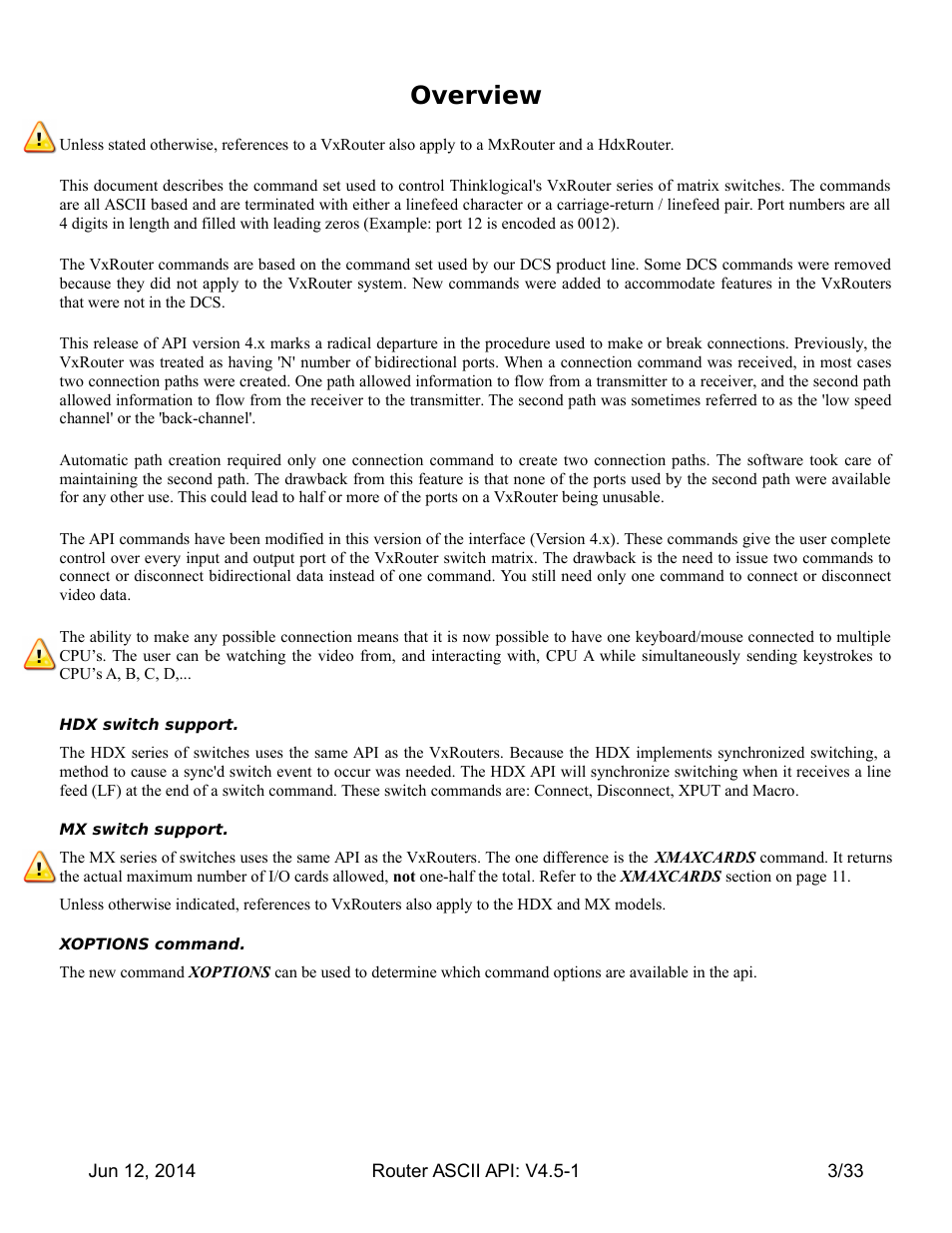 Overview, Hdx switch support, Mx switch support | Xoptions command | Thinklogical Router - ASCII-API User Manual | Page 4 / 34