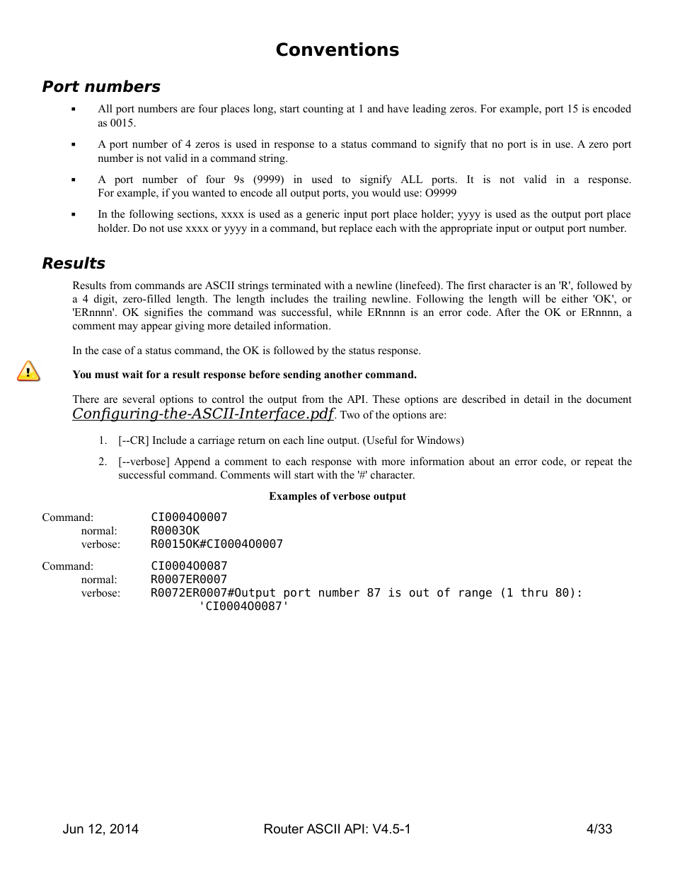 Conventions, Port numbers, Results | Thinklogical Router - ASCII-API User Manual | Page 5 / 34