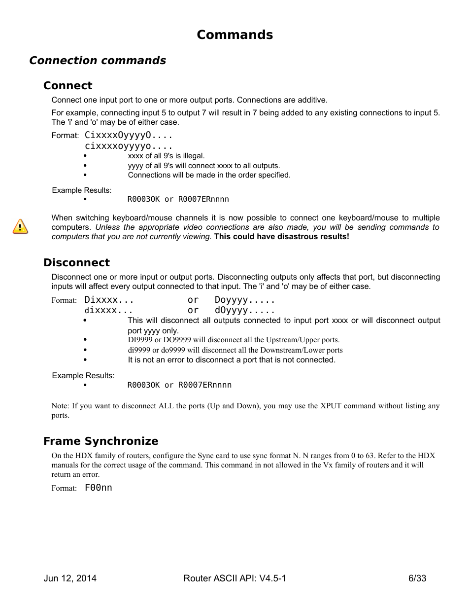 Commands, Connection commands, Connect | Disconnect, Frame synchronize, Connection commands connect | Thinklogical Router - ASCII-API User Manual | Page 7 / 34
