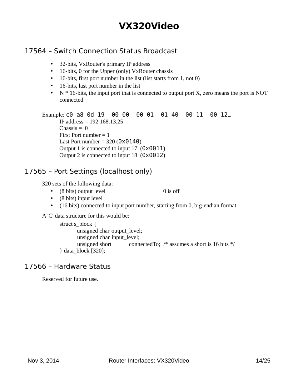 Vx320video, 17564 – switch connection status broadcast, 17565 – port settings (localhost only) | 17566 – hardware status | Thinklogical Router Interfaces User Manual | Page 14 / 25