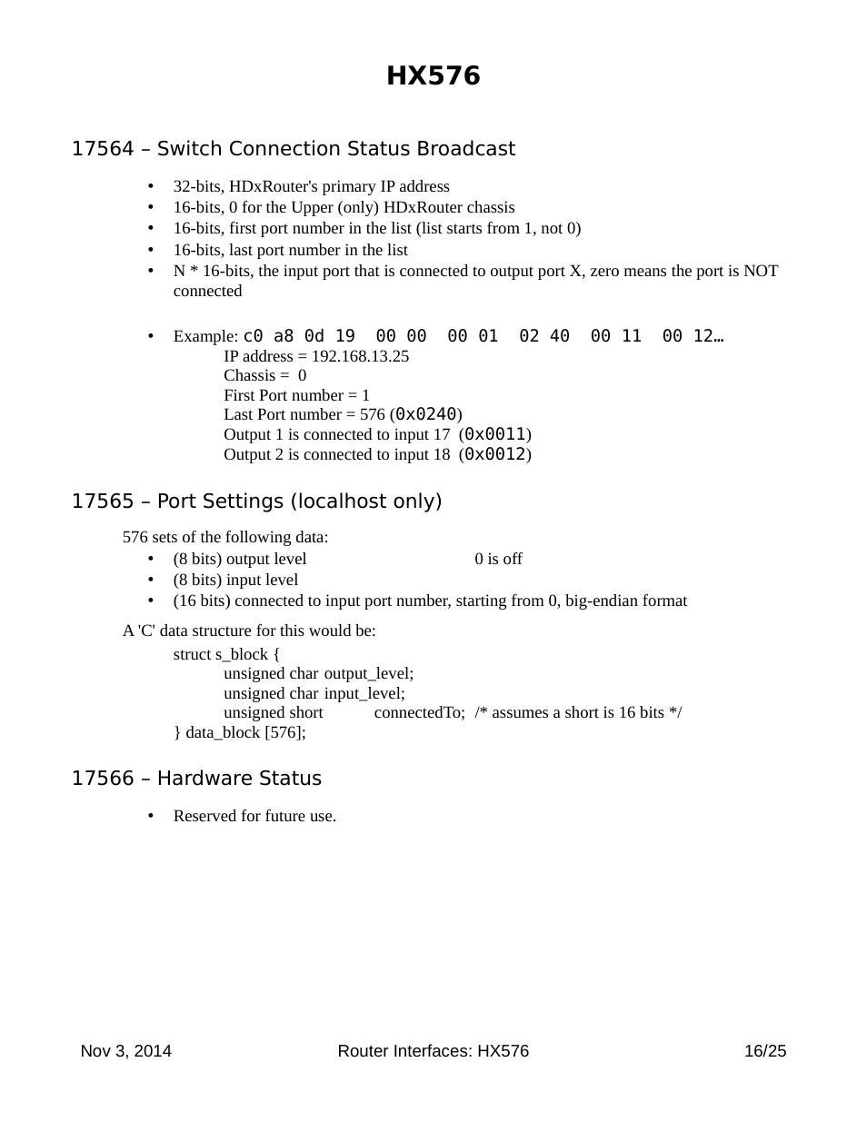Hx576, 17564 – switch connection status broadcast, 17565 – port settings (localhost only) | 17566 – hardware status | Thinklogical Router Interfaces User Manual | Page 16 / 25
