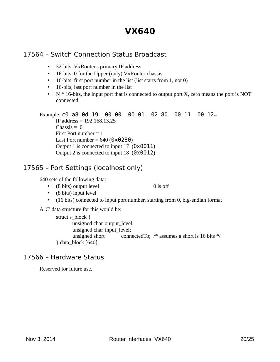 Vx640, 17564 – switch connection status broadcast, 17565 – port settings (localhost only) | 17566 – hardware status | Thinklogical Router Interfaces User Manual | Page 20 / 25
