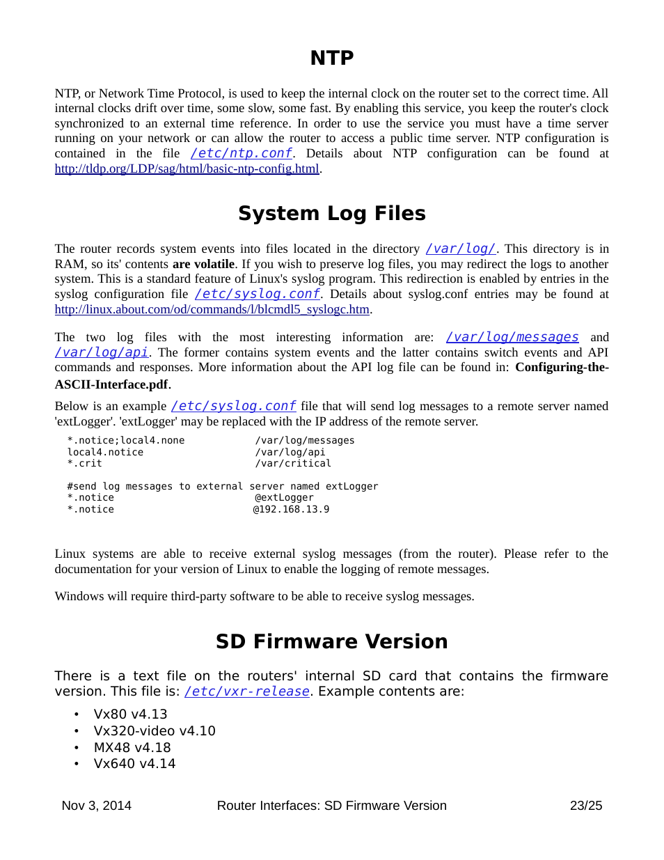 System log files, Sd firmware version | Thinklogical Router Interfaces User Manual | Page 23 / 25