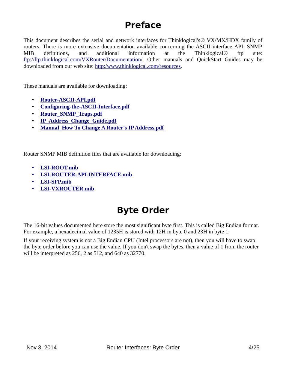 Preface, Byte order | Thinklogical Router Interfaces User Manual | Page 4 / 25