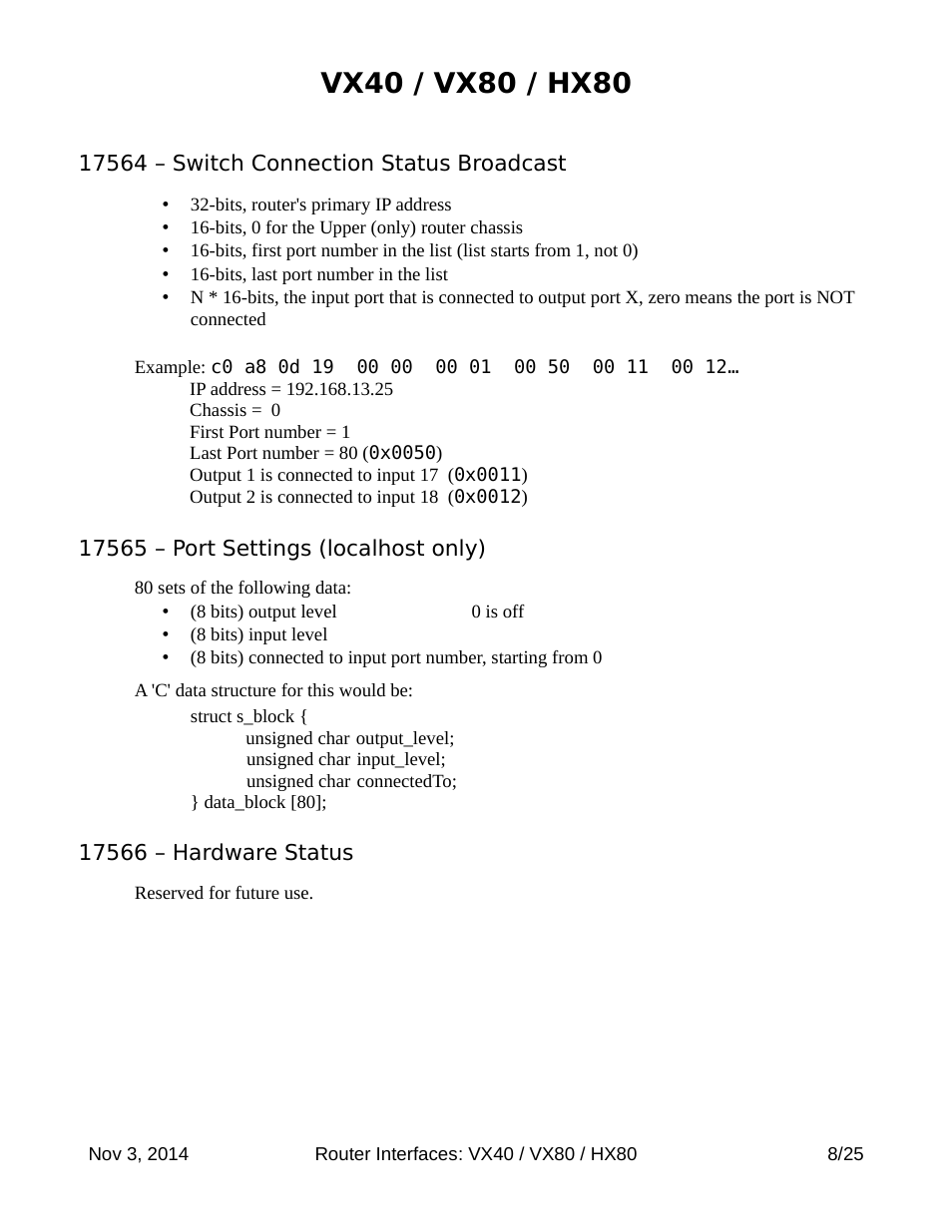 Vx40 / vx80 / hx80, 17564 – switch connection status broadcast, 17565 – port settings (localhost only) | 17566 – hardware status | Thinklogical Router Interfaces User Manual | Page 8 / 25