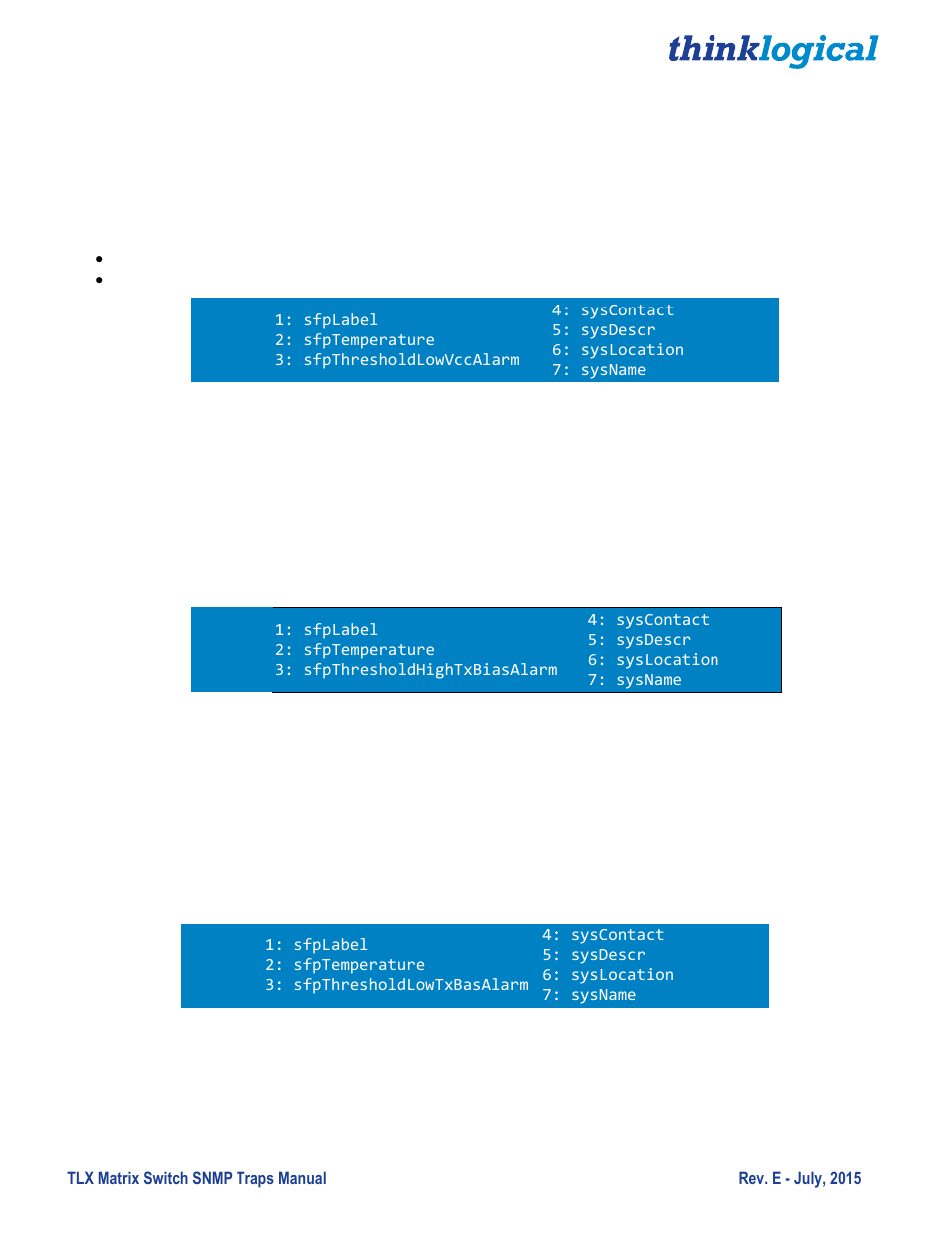 Low vcc alarm begin and clear, High tx bias alarm begin and clear, Low tx bias alarm begin and clear | Thinklogical TLX Matrix Switch SNMP Traps User Manual | Page 8 / 27
