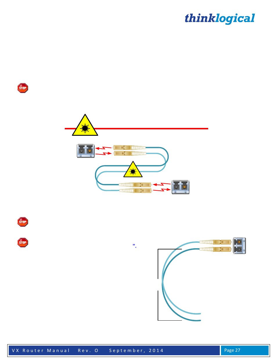 Fiber optic cable requirements, Handling fiber optic cable, Installing fiber into input/output cards | Fiber optic cable | Thinklogical VX Routers Manual User Manual | Page 28 / 72