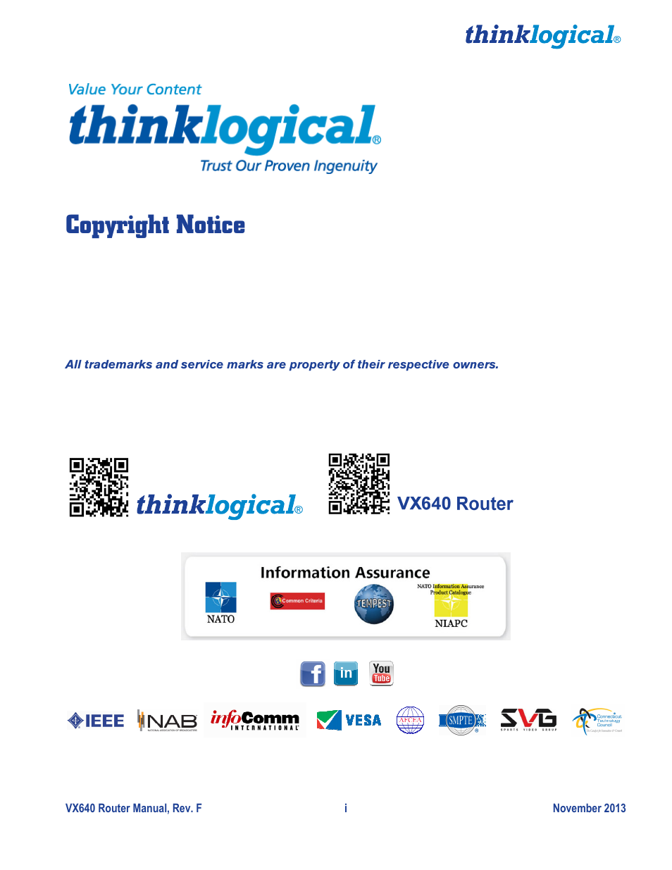 Copyright notice | Thinklogical VX640 Router Manual User Manual | Page 2 / 44
