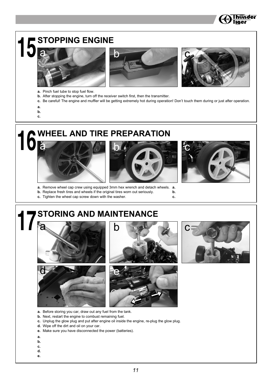Ab c, Ba c, De d | Setup sheet ver 1.0, Ae d, Front rear, Instruction manual, Warranty, Charging the glow plug igniter 電夾充電方式, Unwrapping contents from box 束帶的使用 | Thunder Tiger 6194-F User Manual | Page 13 / 20