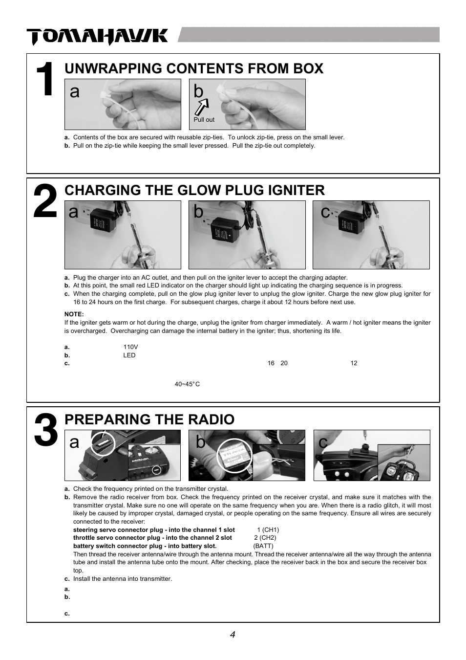 Ab c, Ba c, De d | Setup sheet ver 1.0, Ae d, Front rear, Instruction manual, Warranty, Charging the glow plug igniter 電夾充電方式, Unwrapping contents from box 束帶的使用 | Thunder Tiger 6194-F User Manual | Page 6 / 20