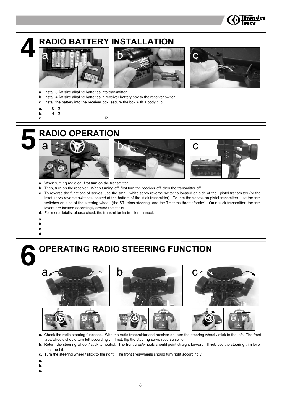 Ab c, Ba c, De d | Setup sheet ver 1.0, Ae d, Front rear, Instruction manual, Warranty, Charging the glow plug igniter 電夾充電方式, Unwrapping contents from box 束帶的使用 | Thunder Tiger 6194-F User Manual | Page 7 / 20