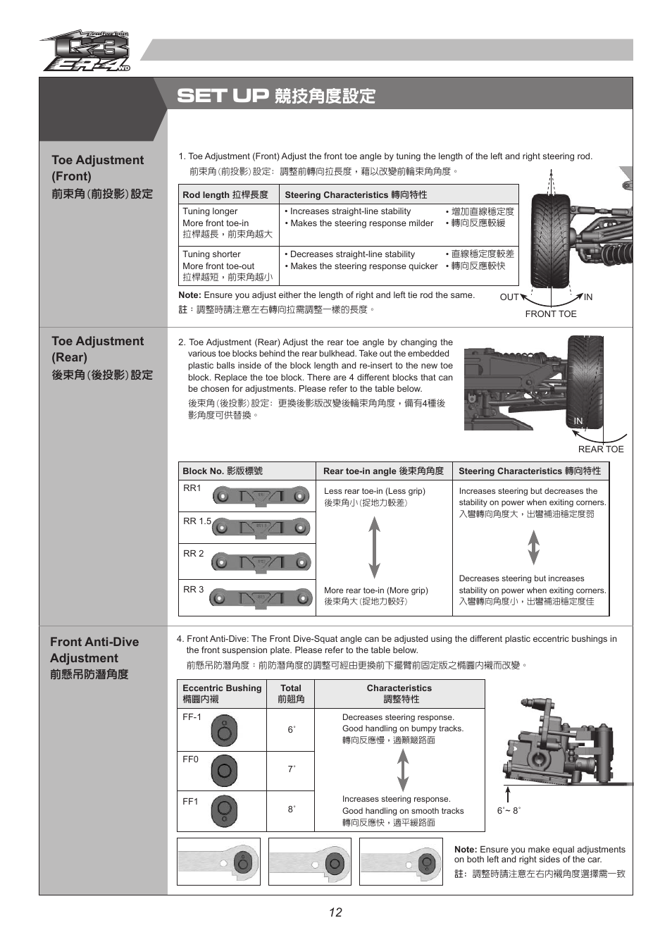 6402 p12.pdf, Set up, 競技角度設定 | Toe adjustment (rear), Toe adjustment (front), Front anti-dive adjustment | Thunder Tiger ER-4 G3 User Manual | Page 13 / 28