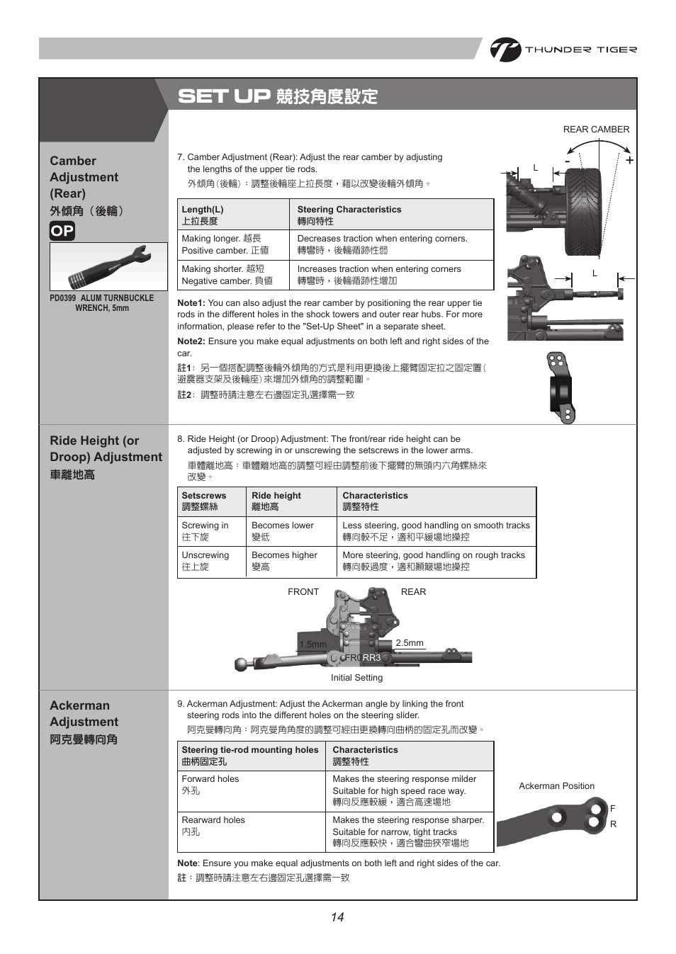 6402 p14.pdf, Set up, 競技角度設定 | Ride height (or droop) adjustment, Camber adjustment (rear), Ackerman adjustment | Thunder Tiger ER-4 G3 User Manual | Page 15 / 28