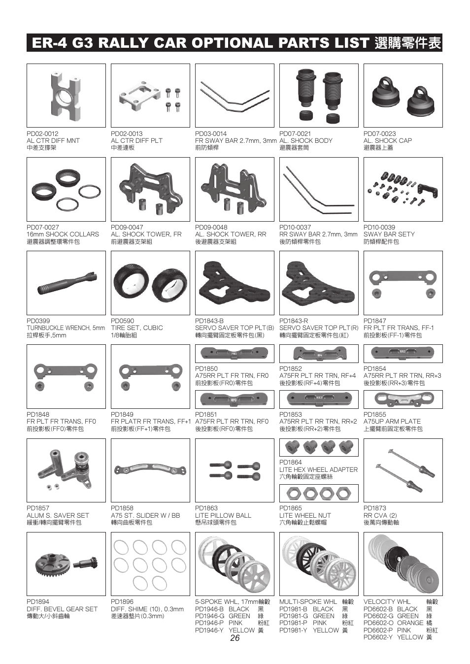 6402 p26.pdf, Er-4 g3 rally car optional parts list, 選購零件表 | Thunder Tiger ER-4 G3 User Manual | Page 27 / 28