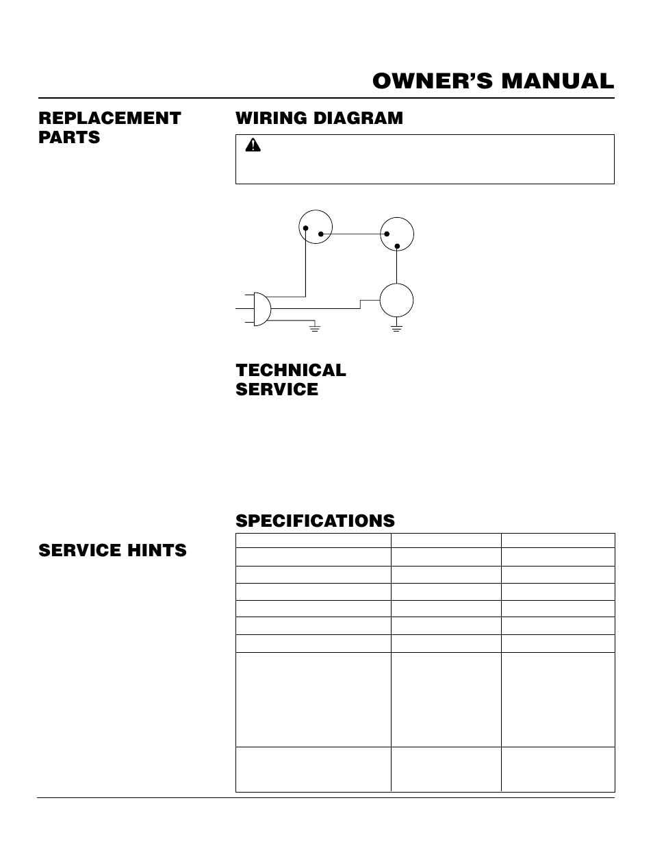 Owner’s manual, Specifications, Service hints | Technical service, Replacement parts, Wiring diagram, Parts under warranty, Parts not under warranty | Desa Tech CHDV34PA User Manual | Page 31 / 36