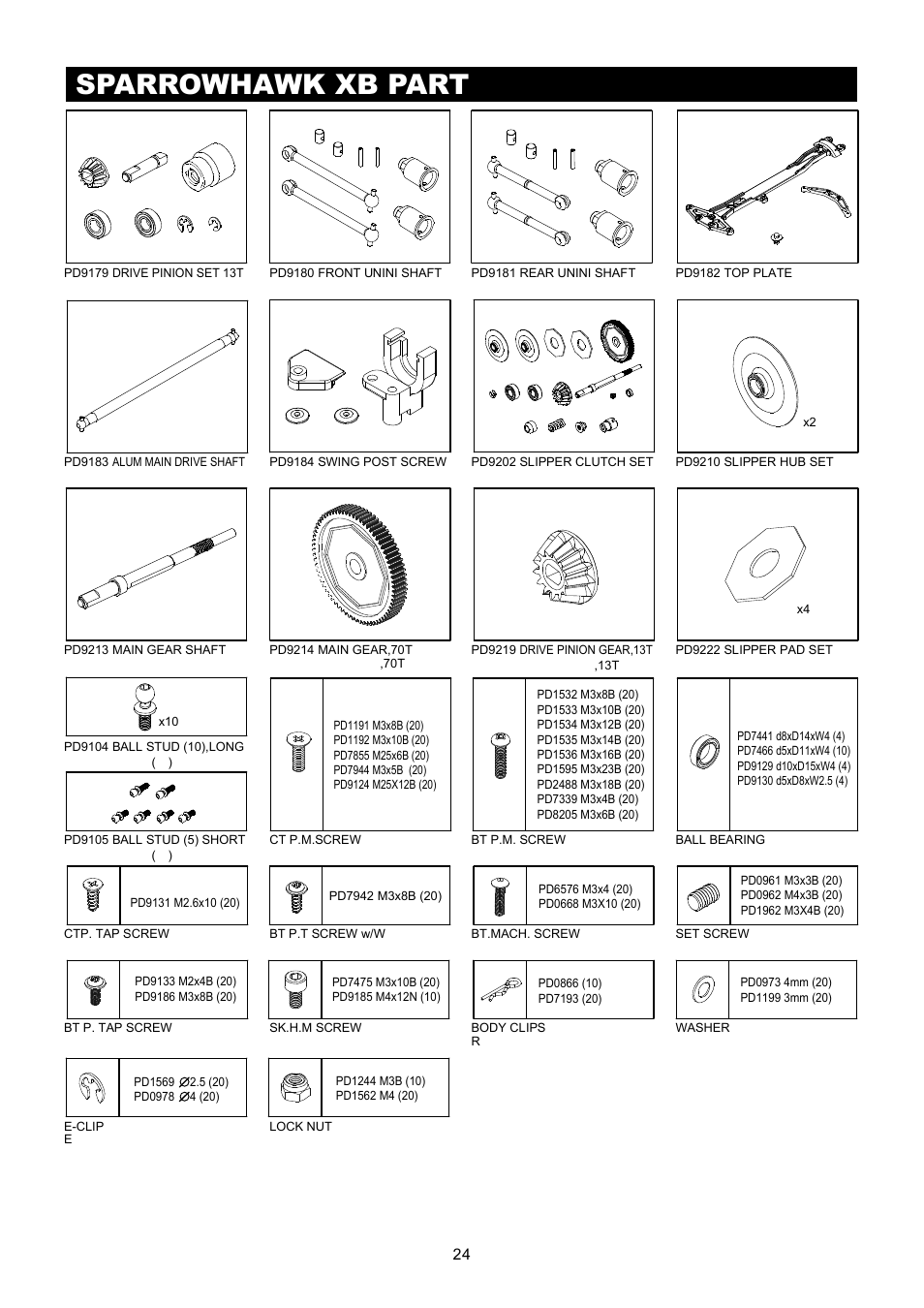 Sparrowhawk xb parts list 零件表, Sparrowhawk xb option parts list 改裝零件表, Sparrowhawk xb part 零件表 | Sparrowhawk xb option part 改裝配件, Body shells 車殼, Wheel & tire option part list 輪胎與輪轂, Option al electr onics 選配電子產品 | Thunder Tiger SPARROWHAWK XB 4WD Maintenance Manual User Manual | Page 25 / 34